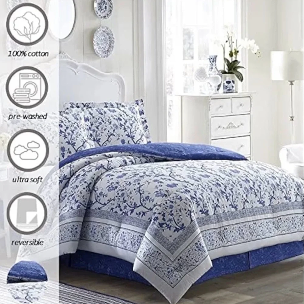 Laura Ashley Charlotte Blue Cotton Duvet Cover Set Blue - Queen- 3 Piece
